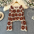 Daisy Crochet Knit Sweater Long Sleeve Sheer Open-knit Crop Knit Top Pullover for Women Teen-girl Fall Winter Boho Beach Outfit