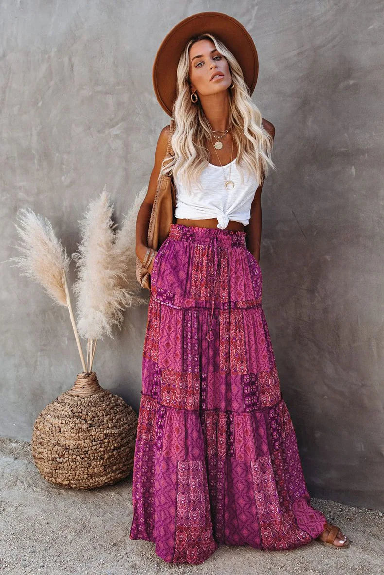 New Long Skirt Retro Skirt Loose Casual High Waist Skirt Bohemian Style Patchwork Pleated Pocket Skirt