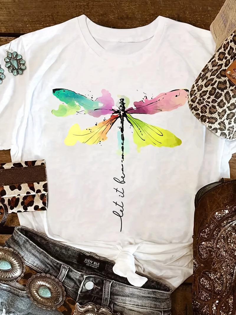 Dragonfly Print Crew Neck T-Shirt, Casual Short Sleeve T-Shirt For Spring & Summer, Women's Clothing