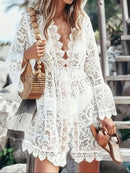 the COVER UP - Summer Bohemian Style V-Neck Lace Flare Sleeve Cover Up Beach Wear Dress