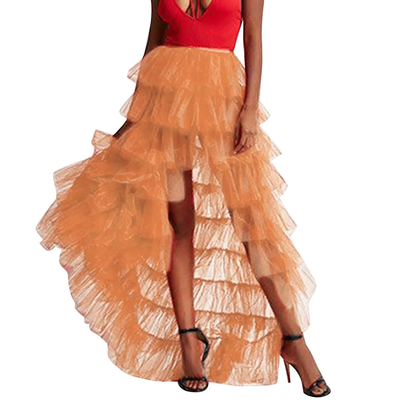 Women Long High Low Ruffles Tulle Skirt Solid Color Mesh Tied-Up Irregular Floor-Length Party Train Overskirt Cover Ups