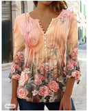 the FLOWER SHOP - Women's Vintage Floral Print Pleated Button Spring/Summer Fashion V-Neck 3/4 Sleeve Elegant Slim Blouse Tops