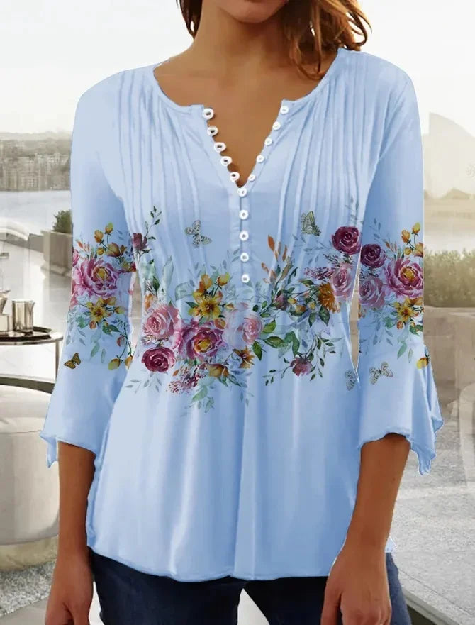 the FLOWER SHOP - Women's Vintage Floral Print Pleated Button Spring/Summer Fashion V-Neck 3/4 Sleeve Elegant Slim Blouse Tops