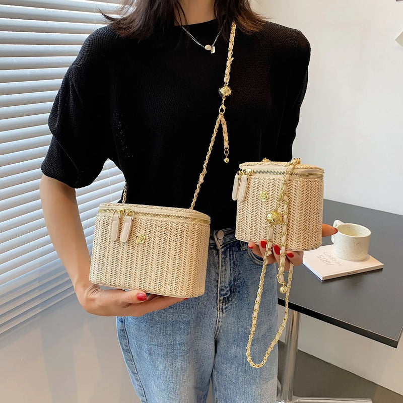 the PICNIC BOHO - Mini Straw Bucket Crossbody Bag for Women, Summer Weave Women's Brand Handbags and Purses, Fashion Chain Simple Shoulder Bags