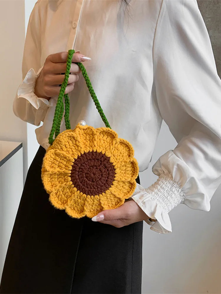 the KNITTED FLOWER - New Fashion Sunflower Pattern Women's Mini Knitted Handbag, Female Woven Shopper Purse, Lovely Design Chain Shoulder Crossbody Bag