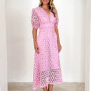 the BROCADE BOHO - Elegant Summer Hollow Out Slim Beach Long Lace Maxi Dress V Neck Puff Sleeve High Waist Dress