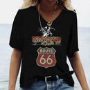 the ROUTE 66 - Pattern 3D Print V-Neck Casual Short Sleeve Oversized Pullover Fashion T-Shirts for Women