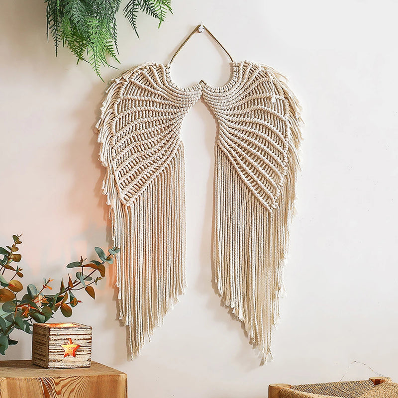 the ANGELIC WINGS - Angel Wing Hanging Tapestry, Cotton Angel Wings Tapestry with Long Tassels, Woven Macrame Tapestry Wall Hanging Decor Rustic Art