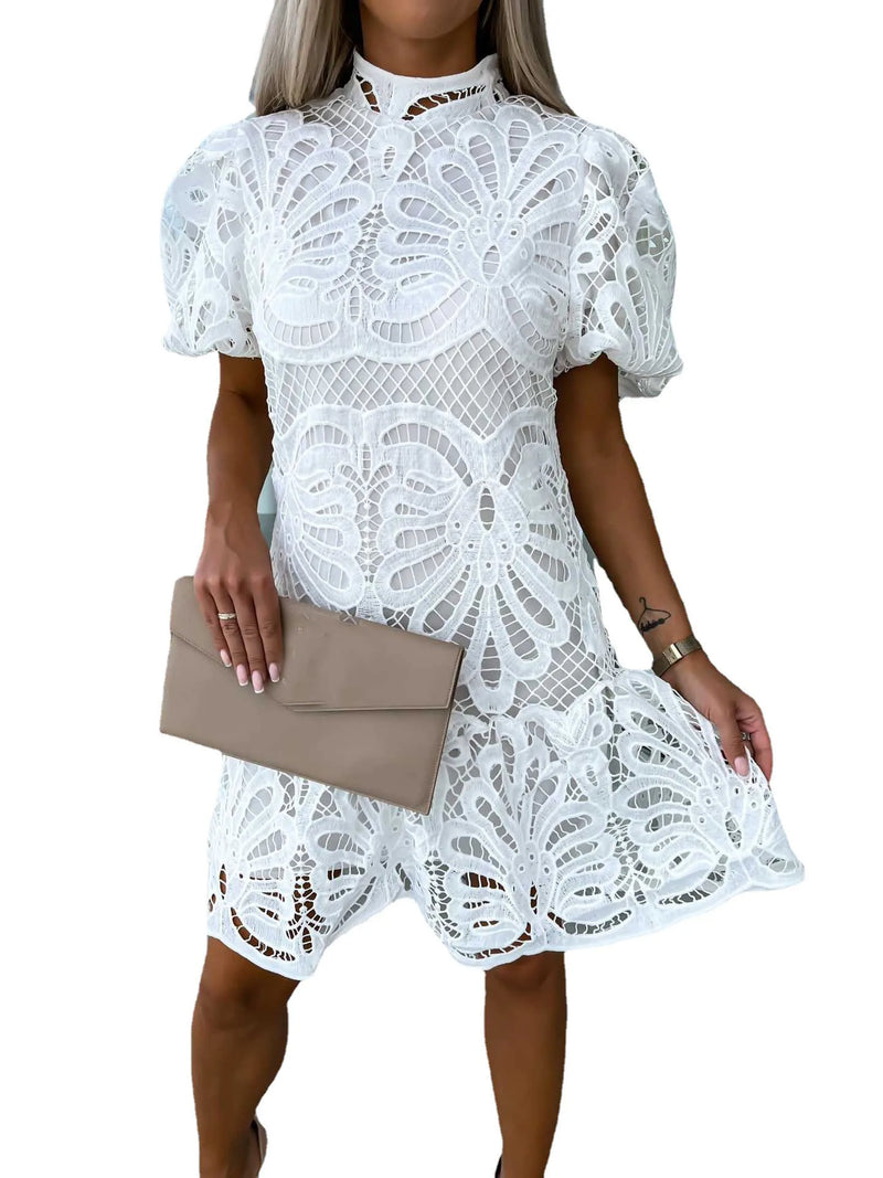 Elegant Stand Collar Puff Sleeve Solid Color Women Dresses Sexy Lace Hook Flower Hollow Short Dress Summer New Casual Robe Femme