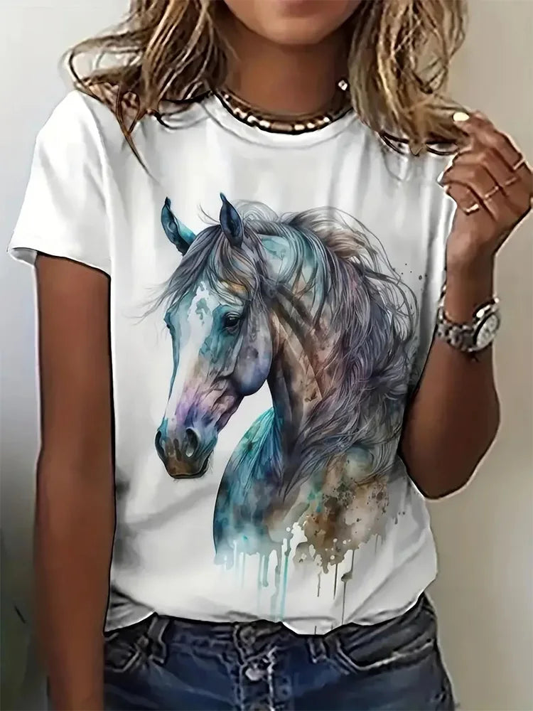 Summer Horse 3D Print T-shirts Women Streetwear Casual Fashion Oversized Short Sleeve T Shirt O-neck Kids Tees Tops Clothing