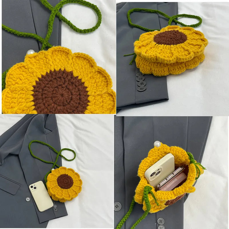 the KNITTED FLOWER - New Fashion Sunflower Pattern Women's Mini Knitted Handbag, Female Woven Shopper Purse, Lovely Design Chain Shoulder Crossbody Bag