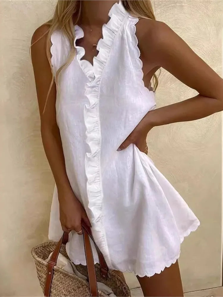 New Women Casual Cotton And Linen White Dress Summer V Neck Ruffles Sleeveless Elegant Boho Beach Party Mini Dresses Female Robe