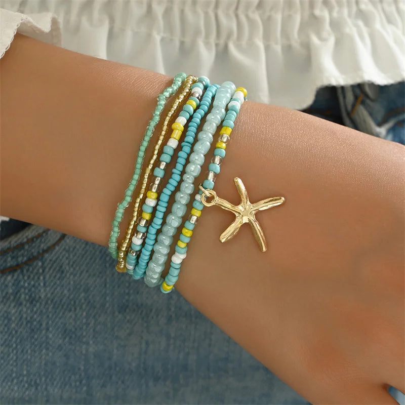 the BEADED STARFISH - Boho Stacking Multilayer Color Rice Beads Starfish Bracelet for Women, Fashion Beaded Rope Chain Summer Beach Wrist Jewelry Gifts