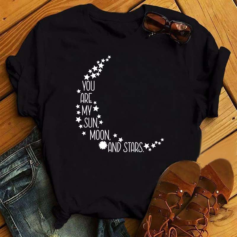 Golden Sun Moon Stars Print Women T Shirt Short Sleeve O Neck Loose Women Tshirt Ladies Tee Shirt Tops Camisetas Mujer