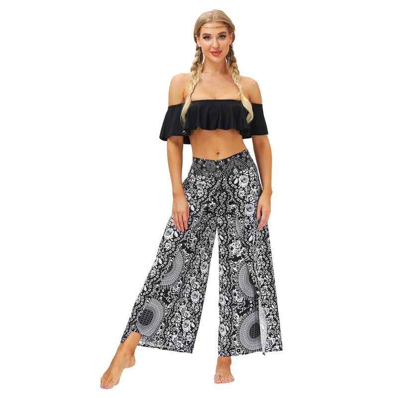 Women's Casual Soft Slit Leg Pants, Harem Dance, Beach Boho Baggy Yoga Pants, Lady Loose Wide Leg Wrap Long Pants, Summer