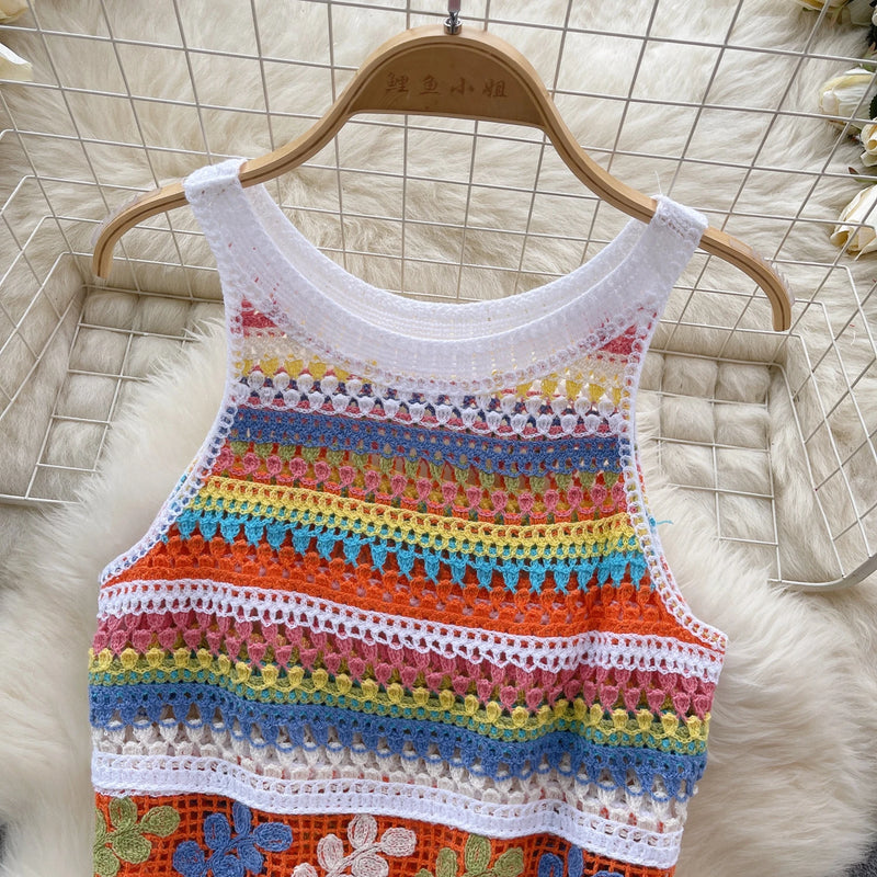 SINGREINY Bohemian Rainbow Knit Tops Y2k Hooked Flower Hollow Out Sleeveless Sweet Summer Women Holiday Beachwear Colorful Camis