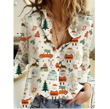 New Christmas Women Clothing Casual Long Sleeve Button Tops Shirts Cute Christmas tree Santa Claus Print Blouses Autumn Blouses