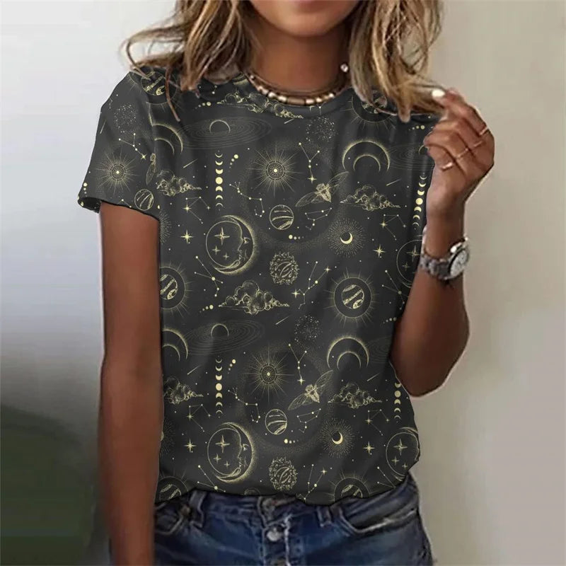 3D Printed Sun Stars Moon T Shirt For Women Starlit Sky Graphic Tees Summer Casual Loose T-Shirts Round Neck Tops Short Sleeves