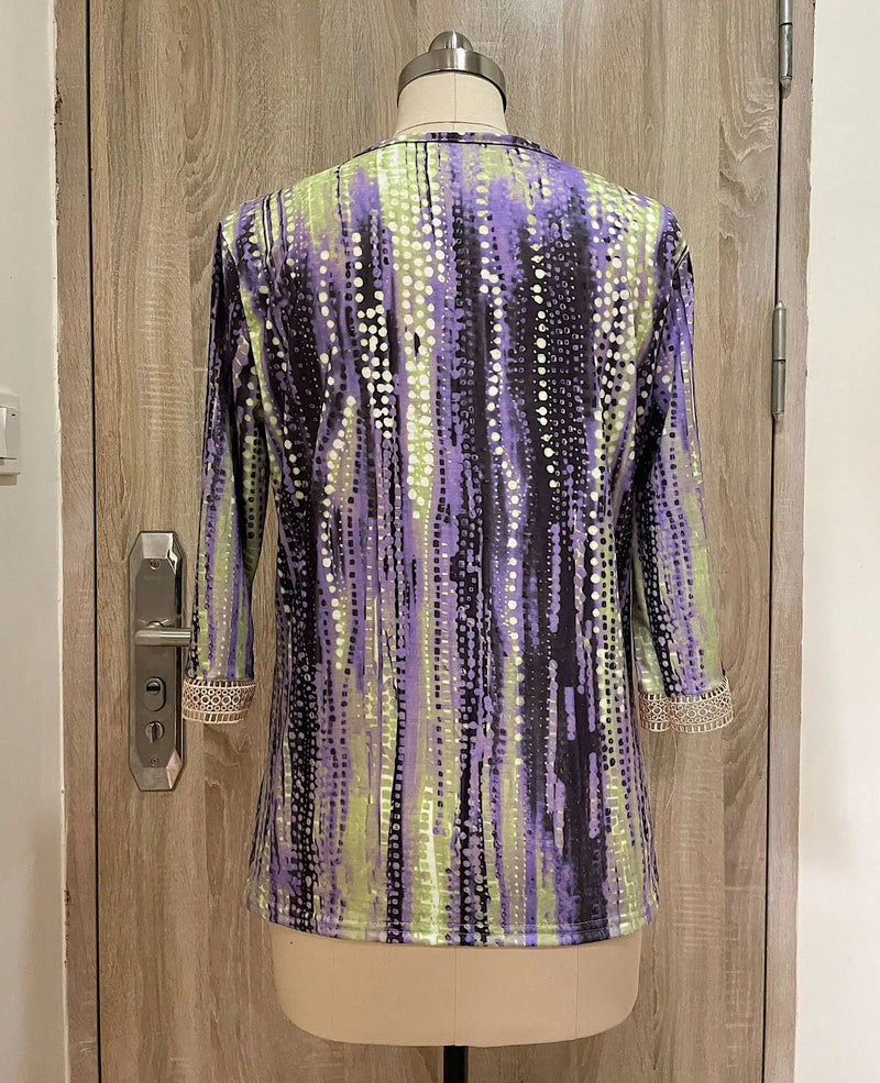 the RAINDROP - Women's Vintage Print Hollow Lace Patchwork Elegant Spring/Summer Trendy Casual V-Neck 3/4 Sleeve Loose Blouse Tops