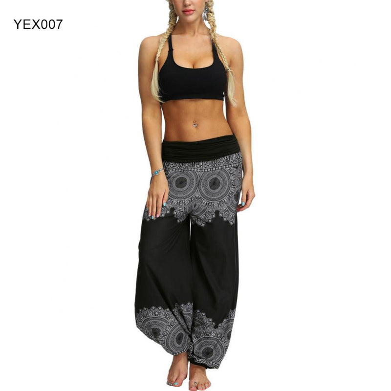 Women Trousers Loose Wide Leg Pants Pants Elastic Waist Bohemian Woman Feather/Flower Print Baggy Harem Pantalon Femme