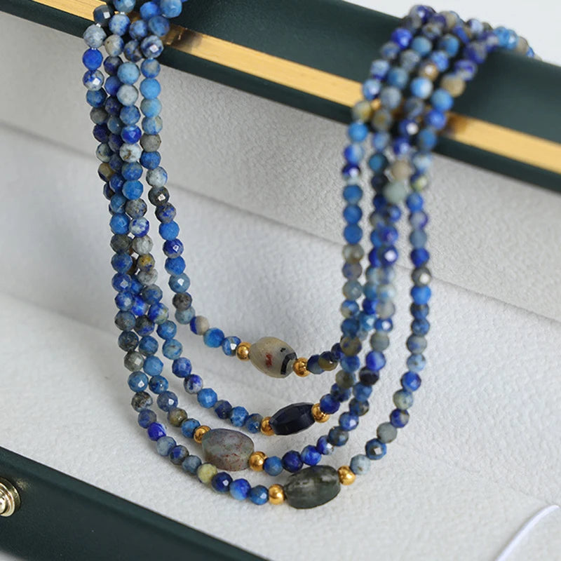 the ROYAL BEADS - Boho Natural Stone Beads Handmade Chain Collar Faceted Blue/Grey Beaded Stainless Steel Necklace Jewelry for Women Fashion Jewelry