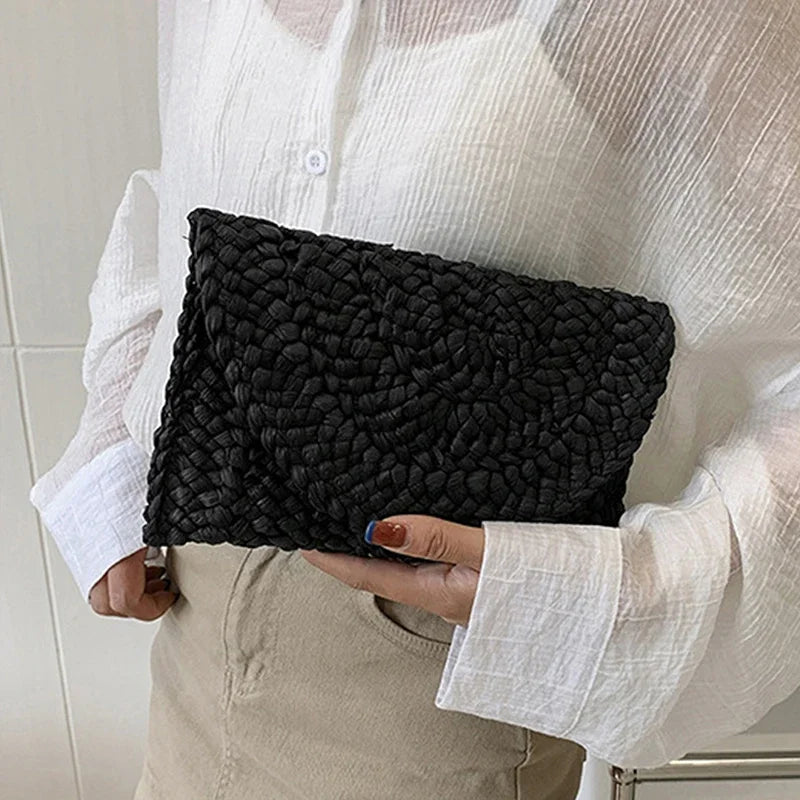 the LETTER BAG - Fashionable Corn Husk Straw Bags, Hand-Woven Women Clutch, Envelope Handbag Long Purse for Female, Summer Beach Bag