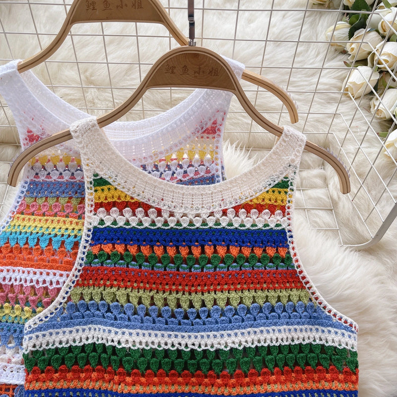 SINGREINY Bohemian Rainbow Knit Tops Y2k Hooked Flower Hollow Out Sleeveless Sweet Summer Women Holiday Beachwear Colorful Camis