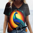 the PEACOCK - 3D Peacock Feathers Print Fashion Short Sleeve Casual V-Neck T-Shirts for Women