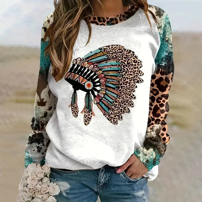 2024 New Women's Long Sleeve Tops Fashionable 3d Horse Pattern Printed Blouse Tops Leopard Style Loose Pullovers Winter Autumn