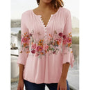 the FLOWER SHOP - Women's Vintage Floral Print Pleated Button Spring/Summer Fashion V-Neck 3/4 Sleeve Elegant Slim Blouse Tops