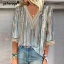 the RAINDROP - Women's Vintage Print Hollow Lace Patchwork Elegant Spring/Summer Trendy Casual V-Neck 3/4 Sleeve Loose Blouse Tops