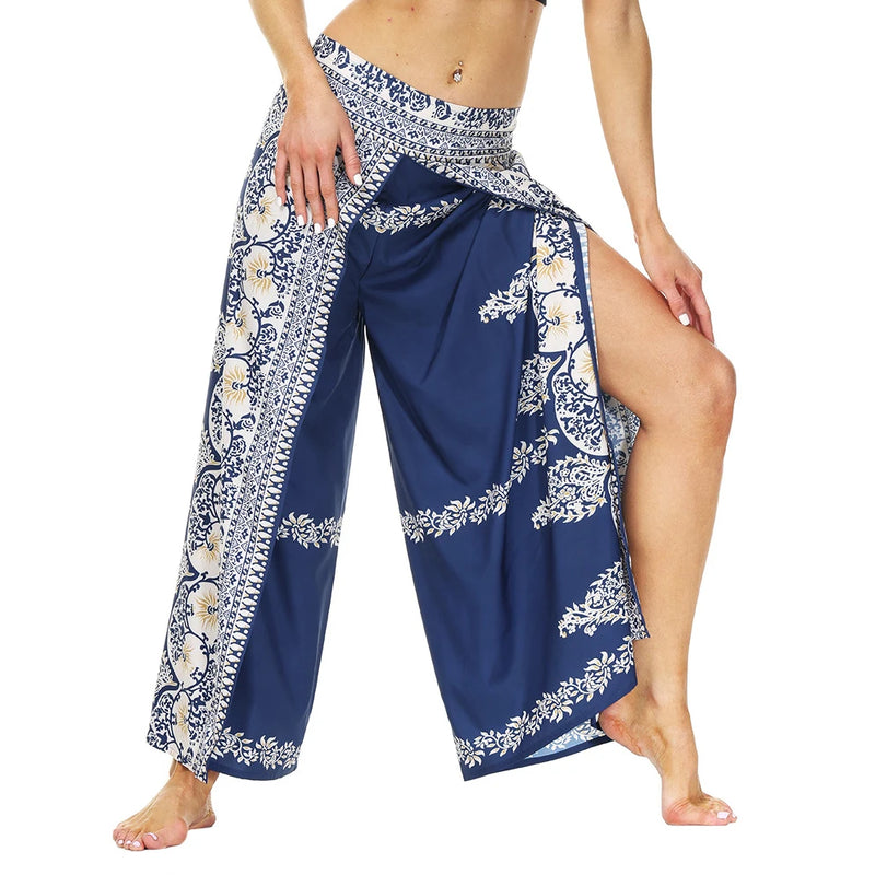 Women's Casual Soft Slit Leg Pants, Harem Dance, Beach Boho Baggy Yoga Pants, Lady Loose Wide Leg Wrap Long Pants, Summer