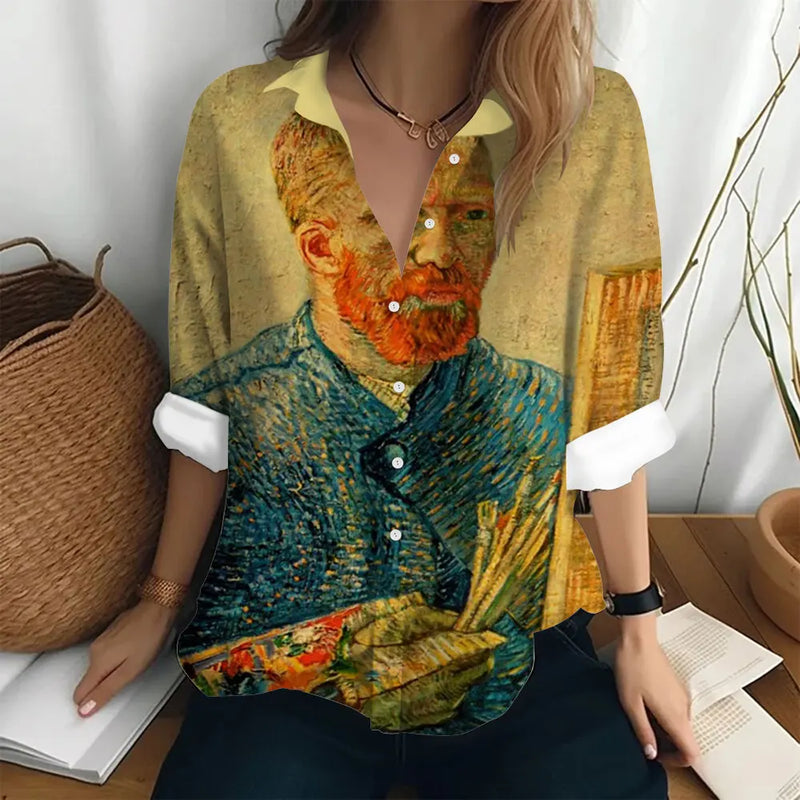 Women's Long Sleeved Shirt Van Gogh's Oil Painting Print Sunflower Pattern Clothing Loose Lapel Top Women's Party Fashion Shirt