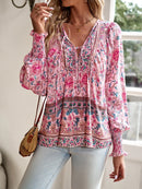 the BAGGY BOHO - Boho Floral Blouse V-Neck Tassel Long Sleeve Bohemian Summer Fashion Shirt for Women