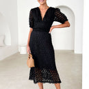 the BROCADE BOHO - Elegant Summer Hollow Out Slim Beach Long Lace Maxi Dress V Neck Puff Sleeve High Waist Dress