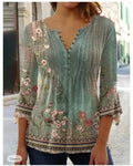the FLOWER SHOP - Women's Vintage Floral Print Pleated Button Spring/Summer Fashion V-Neck 3/4 Sleeve Elegant Slim Blouse Tops