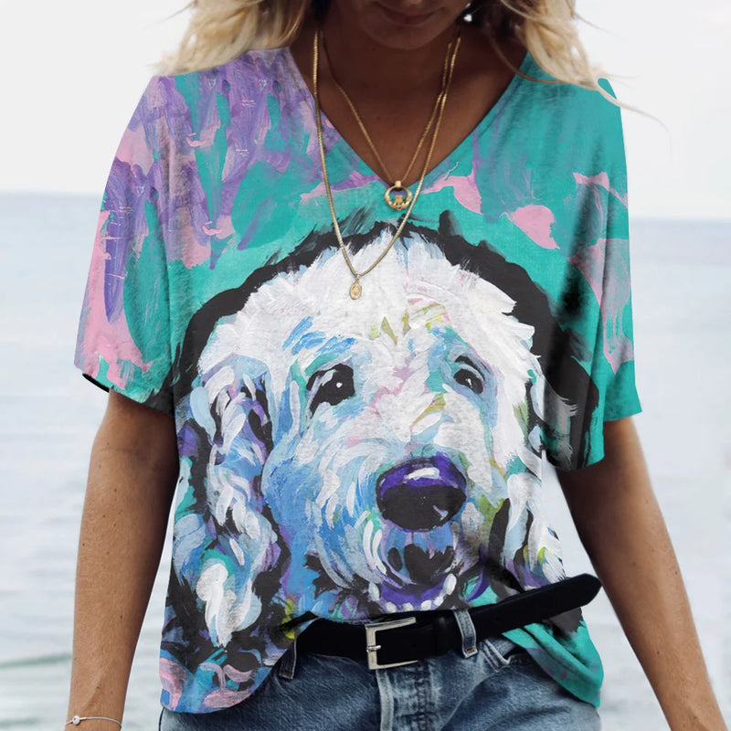 Summer New Women's V-neck Top Short Sleeve T-shirts 3D Cute Dog Print Casual Lovely Harajuku Versatile Y2K Clothes European Size