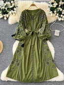 the INDIE BOHO - Bohemian Retro Ethnic Style Spring Autumn Embroidered Lace Up Lantern Sleeves Waist Cinching Long Dress