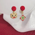 the GOOD FORTUNE - Chinese Style Red Little Lion Bell Pendant Earrings for Women, The Year of The Dragon Festive Jewelry Gifts