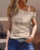 the BUCKLE - Summer Fashion Metal Buckle Oblique Collar Casual Short Sleeved Printed T-Shirt Tops