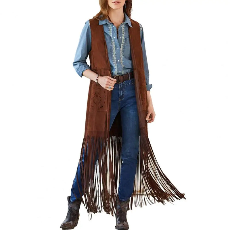 Western Fringed Vest Bohemian Fringe Vest Women's Sleeveless Cardigan with Tassel Detail Patch Pockets for Cowboy Cosplay