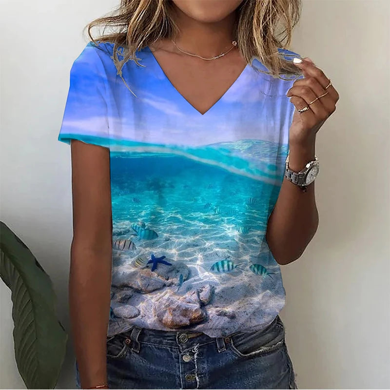 Summer Infauna Shark 3D Print T-shirt Women Streetwear Sea Turtle Shoal T Shirts Y2k Tops Woman V-Neck Tees Oversized Clothing