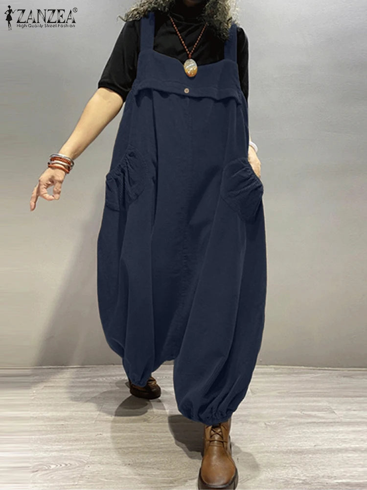 ZANZEA Streetwear Corduroy Bibbed-Jumpsuits Women Wide Leg Pant Drop-Crotch Overalls 2025 Spring Loose Casual Suspender Rompers