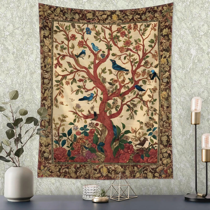 the BIRD TREE - Retro Flower and Bird Tree Tapestry Wall Hanging, Abstract Art Home Decor