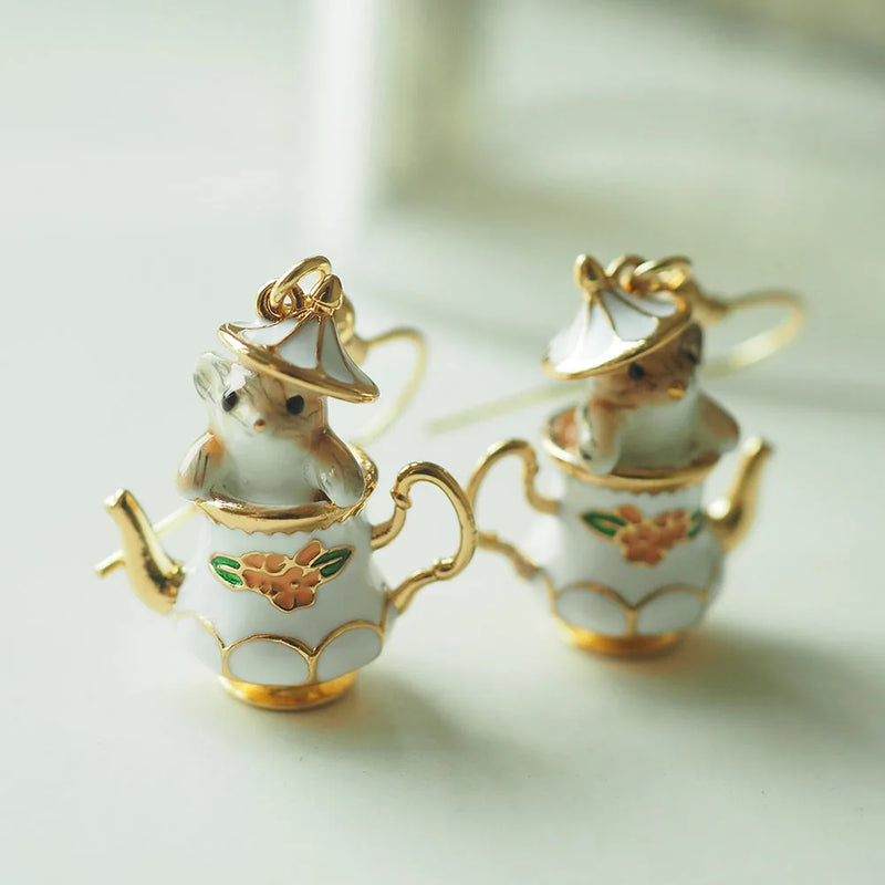 the MOUSE'S TEACUP - Fashion Enamel Mouse French Teapot Earrings/Necklace for Women, Accessories Style Jewelry Charm