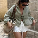 the BOHO TIE - Female Street Tops Linen Lace Up Long Sleeve Fashion Chic Casual Loose V-Neck Shirt
