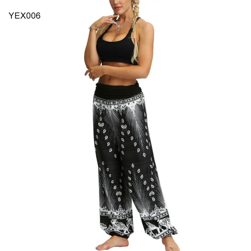 Women Trousers Loose Wide Leg Pants Pants Elastic Waist Bohemian Woman Feather/Flower Print Baggy Harem Pantalon Femme