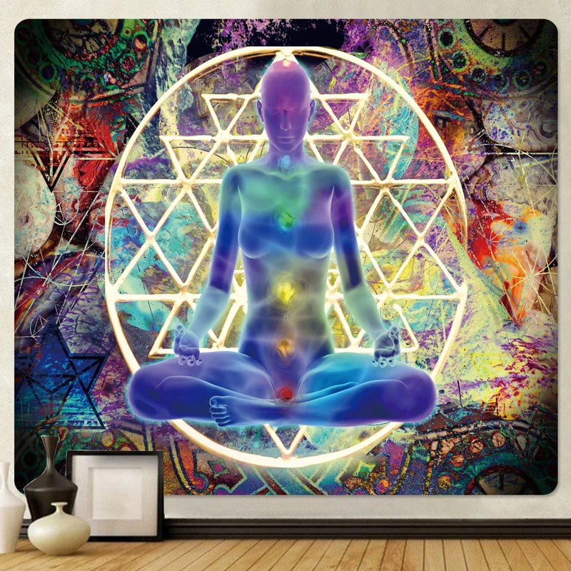 the MEDITATION - Mandala Seven Chakra Psychedelic Scene Home Decor Art Tapestry Hippie Wall Hanging, Boho Room Wall Decor