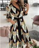 the BOHO WRAP - Spring/Summer V-Neck Fashion Three Quarter Sleeve Printed Polo Long Dress with Waist Tie Up