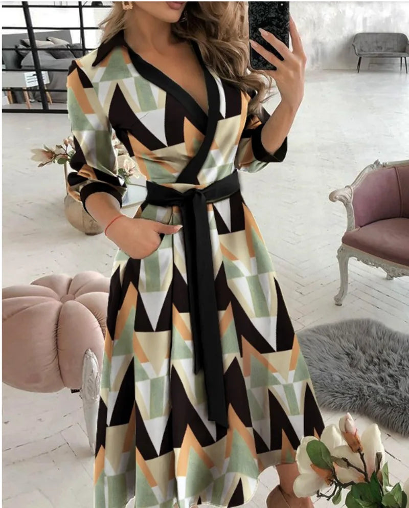 Women V-Neck Dress Spring And Summer New Fashion Three Quarter Sleeve Printed Women's Dress With Waist Tie Up Polo Long Dress